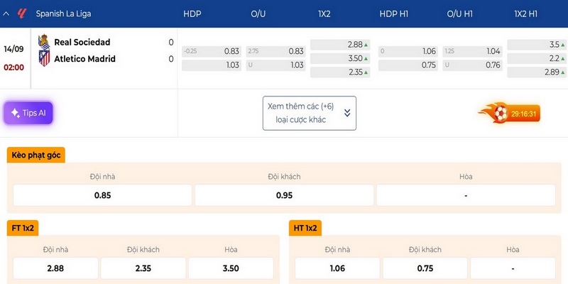 Nhận định các lựa chọn kèo trận Real Sociedad vs Atletico Madrid